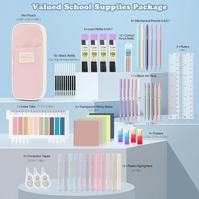 MoKo 60Pcs Aesthetic School Supplies with Cute Pencil Case (Pink), 12 Pastel Highlighters, 5 Black Ink Gel Pens, 6 Mechanical Pencil Set 0.5 & 0.7 mm for Students Stationary College Essentials