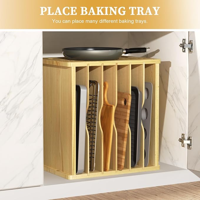 7 Tier Wooden Tray Dividers for Cabinets, Kitchen Cookie Sheet Organizer for Cabinet, Vertical pans, Baking trays, Cutting Board