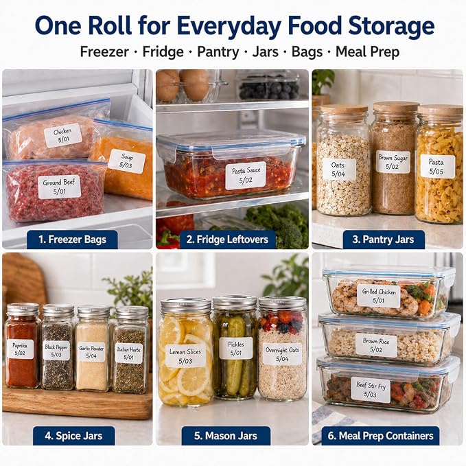 1200 Freezer Labels to Write On, 1x2 Inch Removable Food Labels, Freezer-Safe to -30°F with Perforation, Water & Oil-Resistant Date Labels for Food Containers, Meal Prep, Mason Jars & Pantry