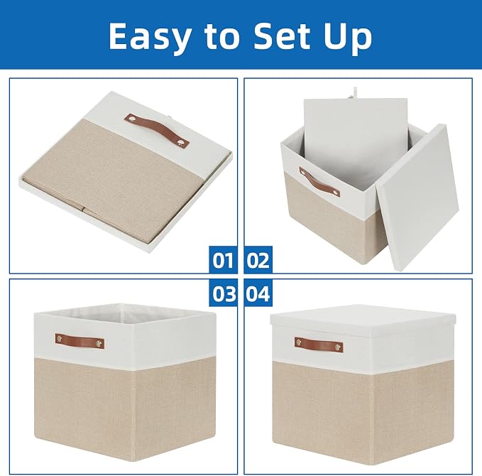 Temary Fabric Storage Bins with Lids 13 Inch Storage Cubes with Lid, Decorative Foldable Storage Boxes for Clothes, Closet Organizers (White&Khaki, 13x13x13inch)