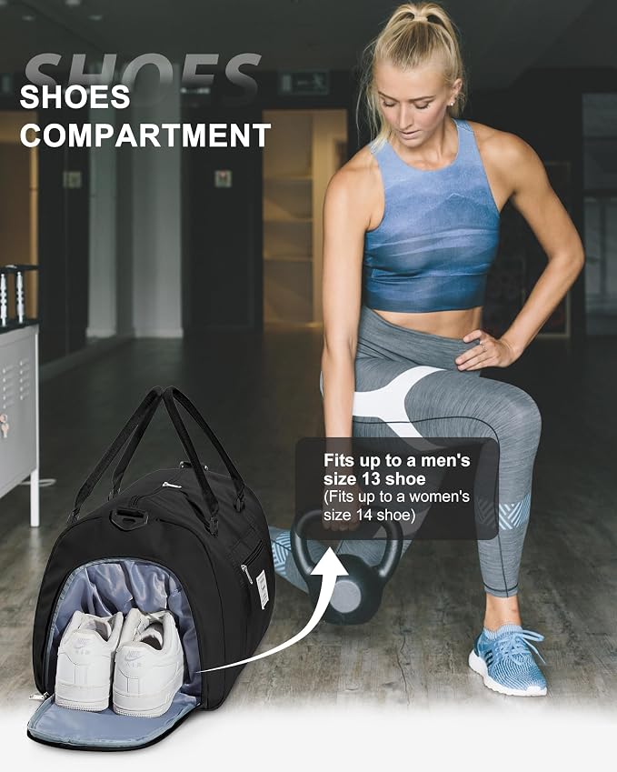 Gym Bag Womens Mens with Shoes Compartment Travel Duffel Bag for Women for Plane Sport Gym Tote Bags Swimming Yoga Weekend Overnight Carry on Bag Hospital Holdalls 4Pcs Set Black