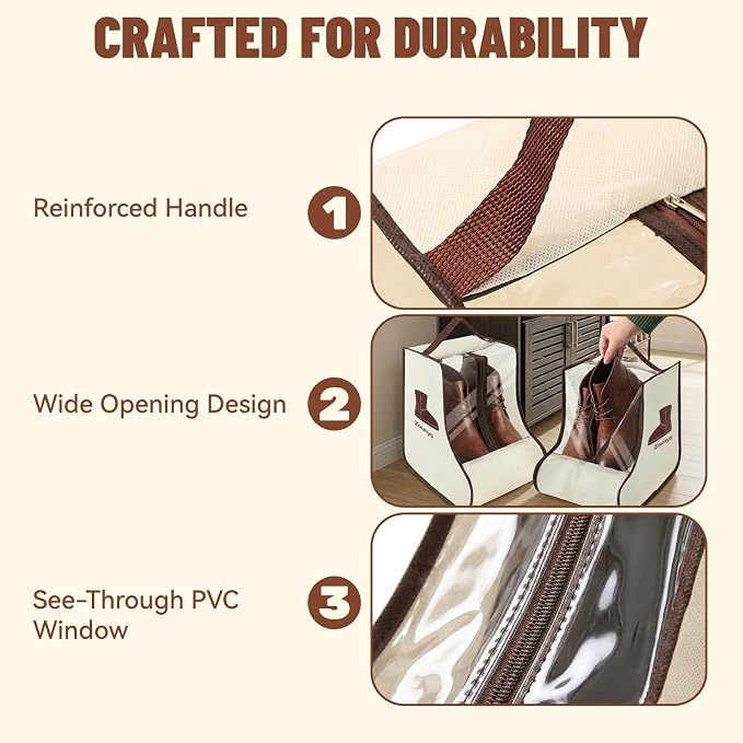 Boot Bags for Cowboy Boots, Boot Storage Organizer for Tall Boots, Cowboy Boot Storage with Clear Bag (2, Beige and Brown 1)