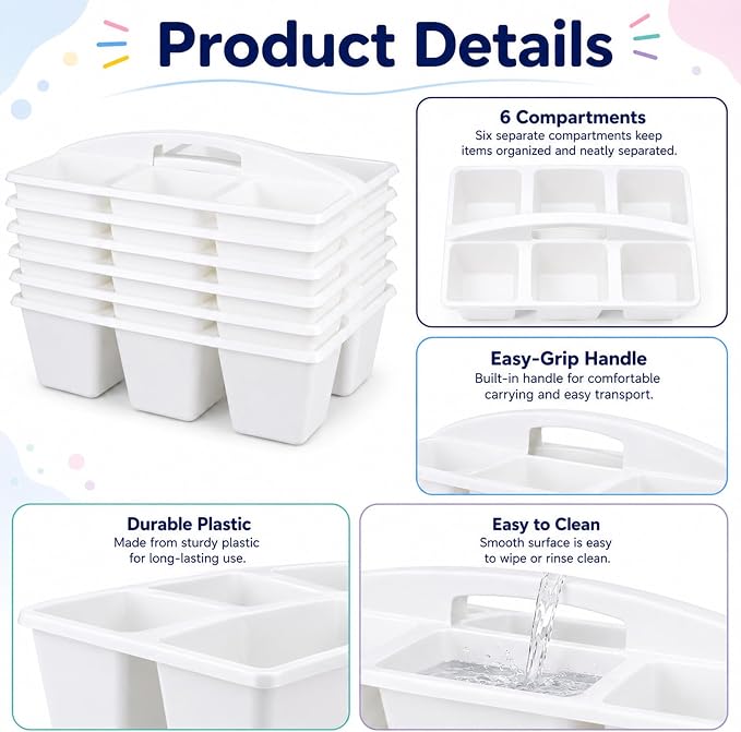6 Pack Assorted Colors 6 Compartment Classroom Caddy with Handle Portable Plastic Storage Classroom Caddies Organizer for Classrooms Supply Teacher Office Table Desk(White)