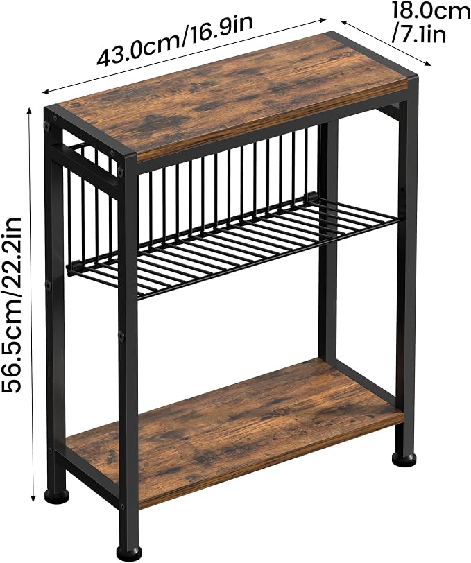 Side Table for Small Spaces, Narrow End Table with Magazine Holder, 2 in 1 Design Slim Side Table, Skinny Nightstand for Living Room Bedroom, Thin Side Magazine Table, Rustic Brown