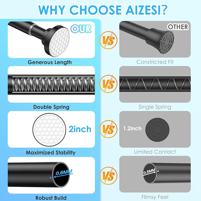 AIZESI Shower Rod, Adjustable 42-74 Inch Black Shower Curtain Rod, 1" Diameter Tension Rod No Drilling, Anti-Slip, Premium Stainless Steel Anti-Rust, Shower Rods for Bathroom