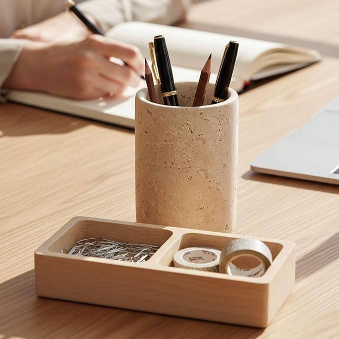 Radicaln Marble Pen Holder For Desk 4" Inches Travertine Handmade Pencil Holder & Pen Holder for Home & Office Desktop Organizer, Ideal Marble Toothbrush Holder
