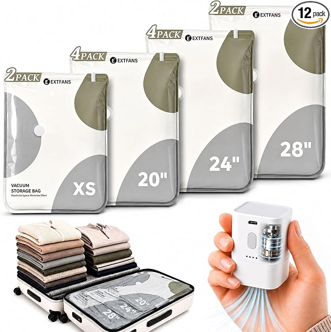 Travel Vacuum Bags with Electric Pump: 12 Pack XS/S/M/L Vacuum Seal Bags for Clothes, up to 80% Space Saver Compression Packing Bags for Suitcase, Carry-On, Cruise, Dorm & Seasonal Storage
