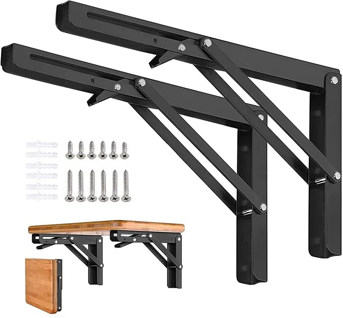 Folding Shelf Brackets - 10 Inch 2 Pcs Heavy Duty Metal Collapsible Triangle Shelf Bracket, DIY Wall Mounted Foldable Shelf Bracket, Space Saving for Bench Table with Screws