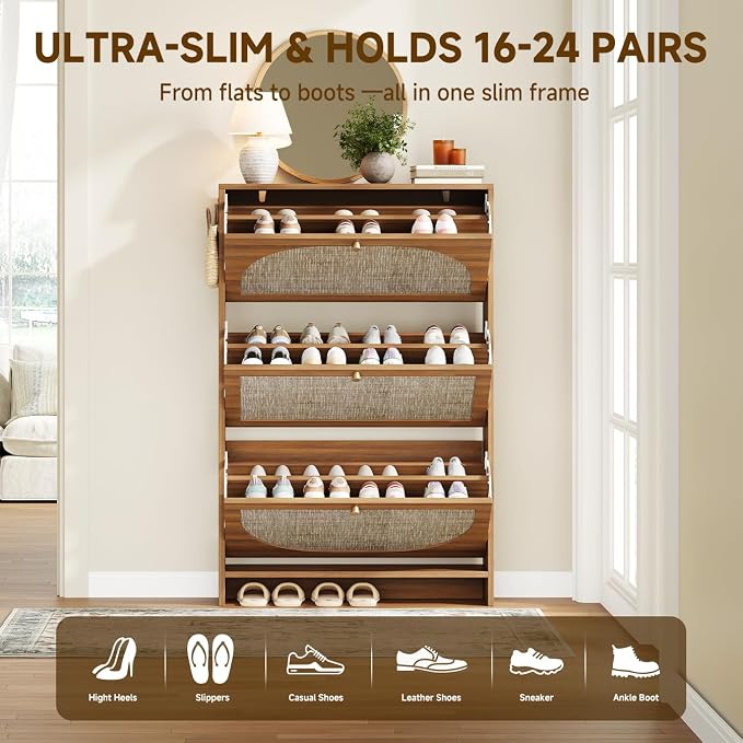 Nicetree Shoe Storage Cabinet for Entryway, Modern Walnut Shoe Cabinet with Tiered Fluted Design, 9.5" Slim Shoe Rack for Small Spaces, Narrow 4 Flip Drawers Hidden Shoe Organizer