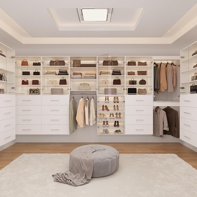 ROOMTEC 25.5" Shlef Tower Wardrobe Closet with Clear Glass Doors, Wall Mounted Modular Closet System, Clothes Storage Unit for Bedroom or Walk-in Closet, White