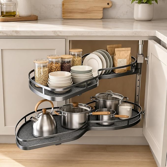Blind Corner Cabinet Pull Out Organizer, Heavy Duty 2-Tier Soft Close System, Fits 12”-18” Cabinets, Left/Right Adjustable Magic Corner Storage for Kitchen Cabinets