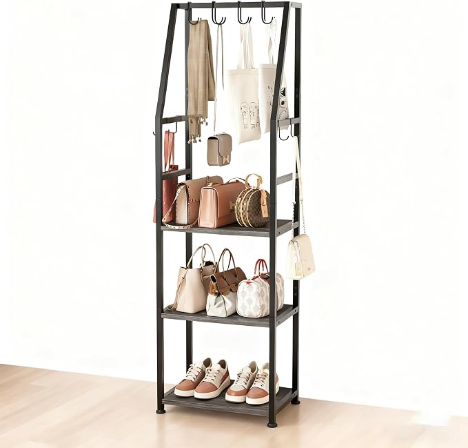 Hall Tree with Hanging Hooks,Heavy-Duty Metal Coat Rack with Shoe Shelves,3-Tier Purse Stand Handbag Organizer，Suitable for Hallway,Bedroom and Bathroom (Black)