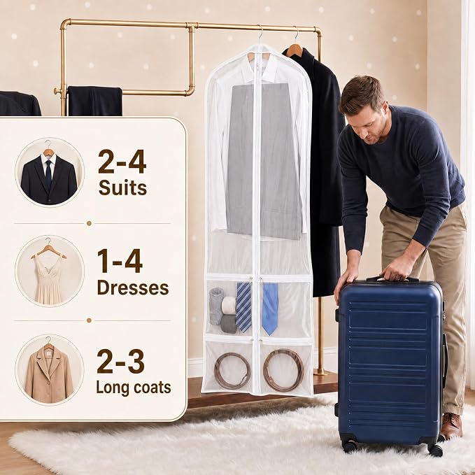 Tranqun 2 Pack 65" Long Wedding Garment Bags for Gowns 4" Gusseted Clear Dress Travel Bag for Hanging Clothes Foldable Wedding Dress Cover with 4 Zipper Pockets for Closet Storage and Travel (White)