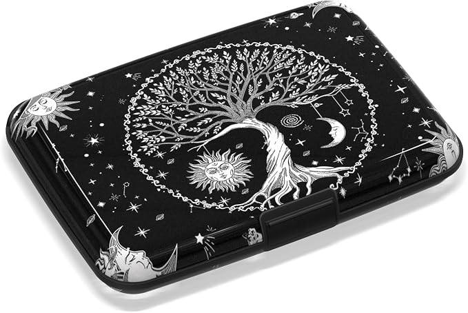 Small Credit Card Holder, RFID Blocking Slim Wallet Business Metal Aluminum Hard Case for Women Men, Cool Star Moon Tree