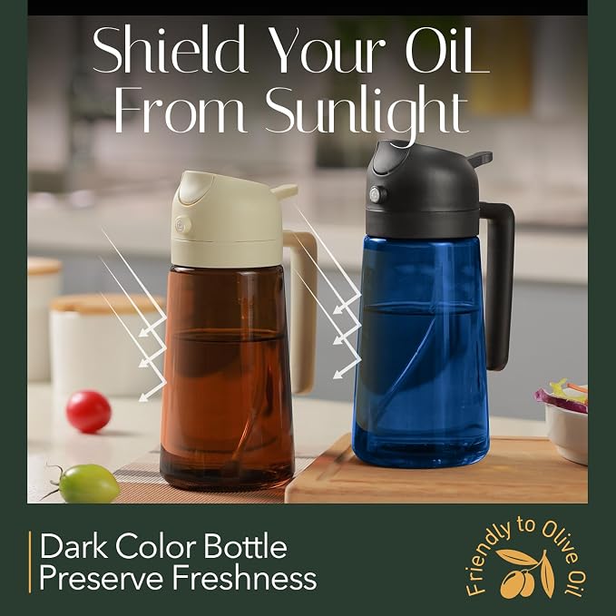 YARRAMATE 16oz/470ml Light-Blocking Dark Oil Sprayer for Cooking, 2 in 1 Olive Oil Dispenser Bottle for Kitchen, Premium Blue Glass Oil Bottle, Food-Grade Oil Mister for Air Fryer, BBQ (Black)