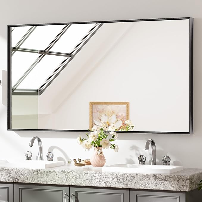 Keonjinn Black Bathoom Mirror 55 x 30 Inch, Large Rectangle Vanity Wall Mirror for Over Sink, Metal Framed Rectangular Mirrors, Brushed Black Modern Farmhouse Mirrors