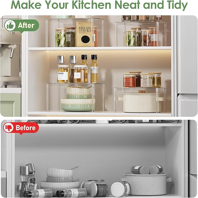 Delamu Clear Kitchen Cabinet Organizer, Set of 4 Acrylic Shelf Organizer for Cupboard Organizers and Storage, Stackable Cabinet Shelf for Plate, Dish, Bowl, Cup & Mug, 11.7" W x 7.7" D x 6.3" H