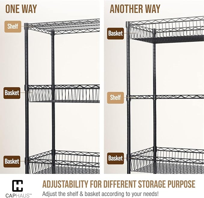 CAPHAUS NSF Adjustable Height 5 Tier Wire Shelving Unit w/Basket & Liner, Storage Rack Corner Shelves, Metal Storage Rack for Kitchen, Bathroom, Laundry Closet, Wire Shelving w/Basket Shelves Black