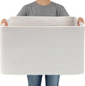 JMvicyroam Woven Blanket Basket,65L Large Storage Bin for Blankets Toys Clothes,Decorative Rope Basket for Living Room Bedroom with Handles, White