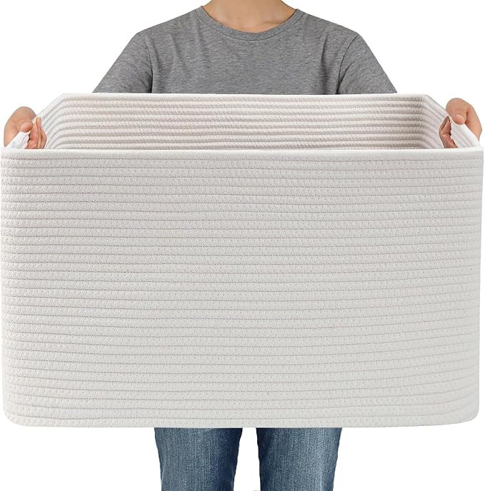 JMvicyroam Woven Blanket Basket,65L Large Storage Bin for Blankets Toys Clothes,Decorative Rope Basket for Living Room Bedroom with Handles, White