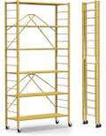 Himix 6 Tier Foldable Storage Shelves, Expandable Folding Bookshelf with Wheels, Changeable into 2 Shelf Units, Collapsible Adjustable Storage Rack Metal Shelves for Garage Kitchen, Basement, Gold