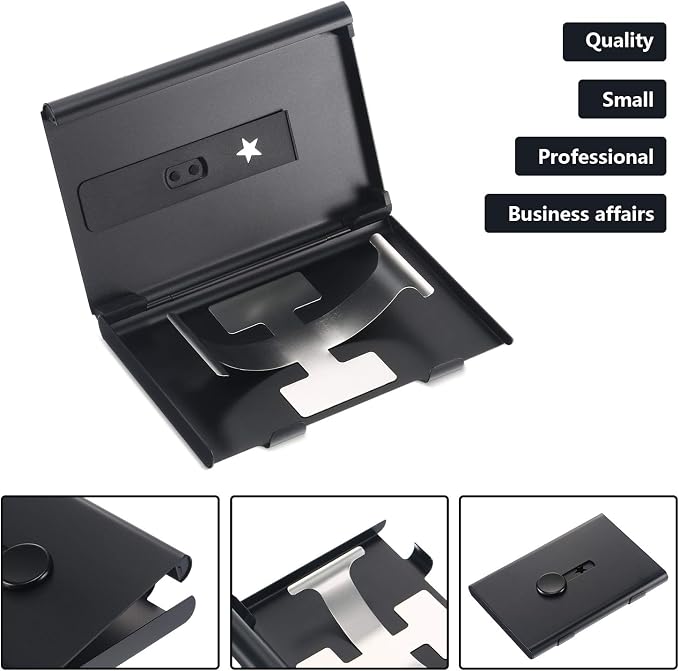 Tatuo 2 Pcs Black/blue 2 Pack Thumb Drive Business Card Holder Stainless Steel Business name Card Case Portable Slide Out name holder Wallet Nice Design pocket for Men and Women