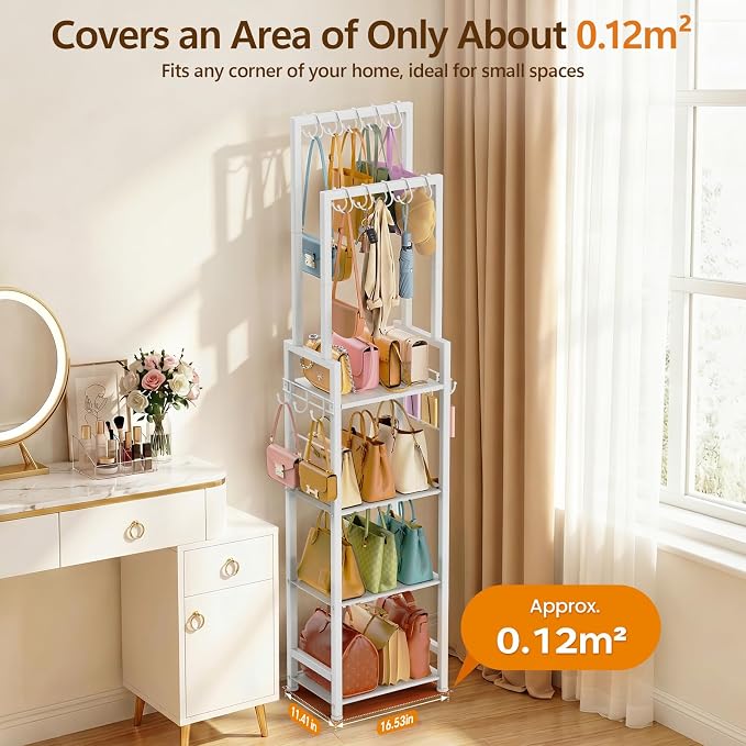 Tall Purse Organizer for Closet: 4-Tier Double Rods Purse Rack Stand,White | With 10 Purse Hanger & 6 Side Hooks, Visible Backpack Handbag Storage, Space-Saving Narrow Purse Shelf for Small Space, Home