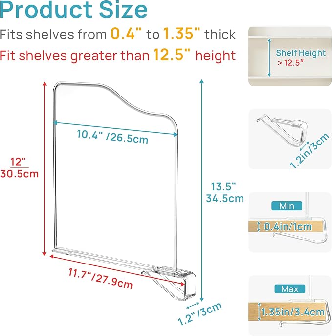 Vtopmart 12" Extra Tall x 11.7" Deep Shelf Dividers, 4 Pack | For Closet Organization, Maximizes Closet Vertical Space, Fit Deep Shelf Thicknesses From 0.4" to 1.35", Easy to Install