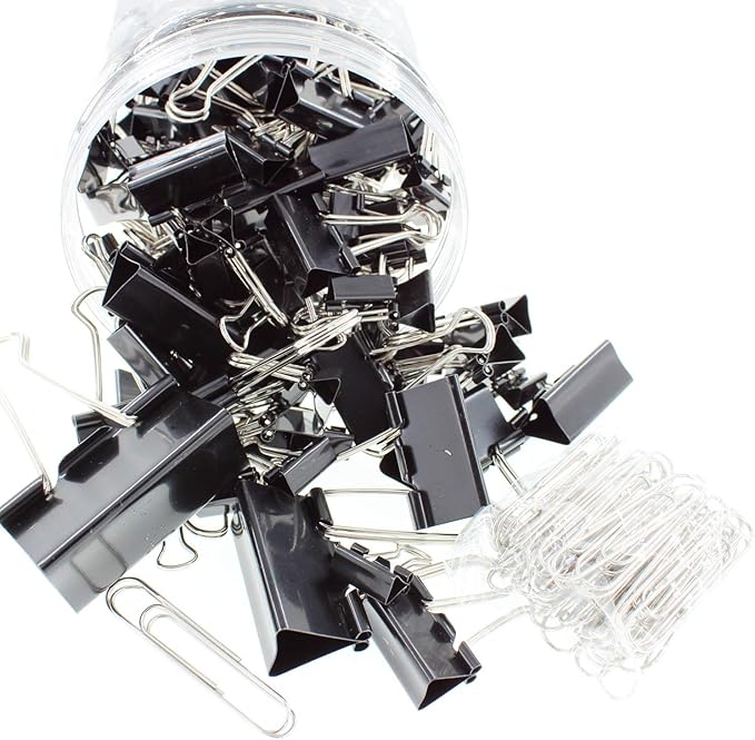 Assorted Sizes Binder Clips，Paper Clamps,Black Metal Fold Back Clips for Office School Supplies,Large, Medium,Small Size Metal Clips,Big Size Paper Holder,Elastic Rubber Band (190 PCS Black)