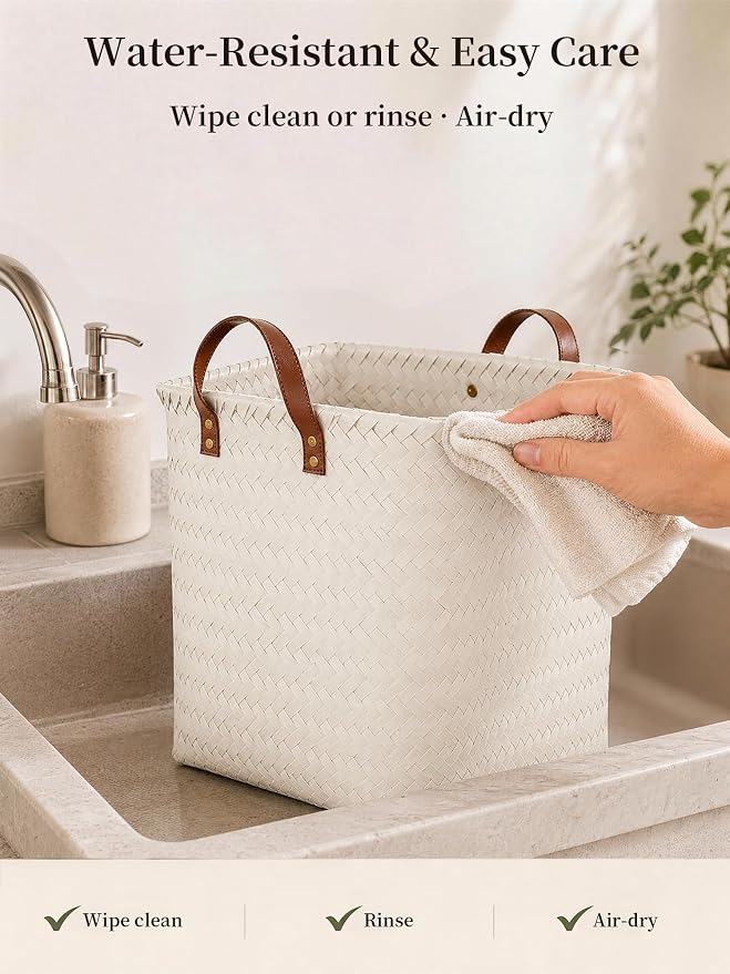 Hand Woven Baskets for Storage, 4Pcs Water-Resistant Wicker Baskets, White Wicker Storage Baskets for Shelves, Large Basket with Handle for Organizing, Clothes, Laundry, Blanket - Square