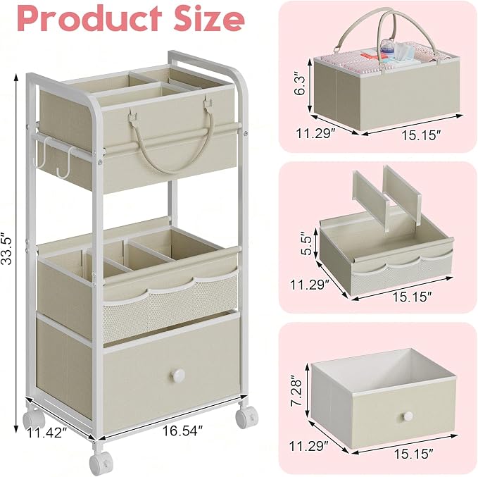 Cidaziya 2In1 Baby Diaper Caddy Organizer and Storage, 3 Tier Rolling Cart with Drawer, Detachable Dividers, Mobile Utility Cart Baby Dresser Clothes Organizer for Baby Essentials, Bedroom, Nursery