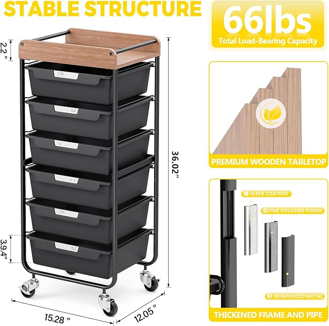 SYKIARIOL Utility Cart with 6 Labeling Drawers and Wooden Tabletop – Rolling Storage Cart for Crafters, Artists, Kids, Teachers, and Students – Organize Arts, Crafts, Sewing & Study Supplies