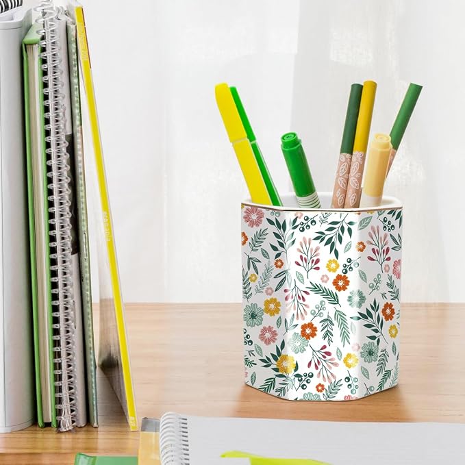 Large Capacity Colored Pen Holder for Desk, Ceramic Pencil Cup Cute Makeup Brush Holder, Desktop Supplies and Accessories, Pen Pencil Caddy for Office Home, Green Floral Pattern