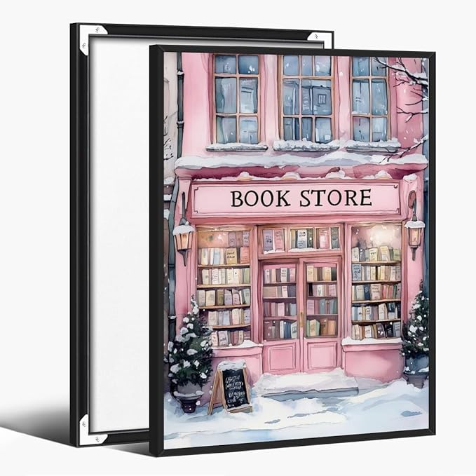 Winter Bookshop Snowy Art Aesthetic Poster Canvas Wall Art Decoration Living Room Home Decor Bedroom Decoration Poster black framed16x24inch