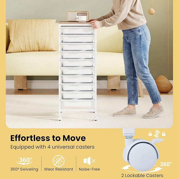 GOFLAME 10-Drawer Rolling Storage Cart, Craft Storage Cart with Wooden Tabletop and Lockable Wheels, Art Cart Supply Storage Organizer with Metal Frame for Home Office Classroom, White