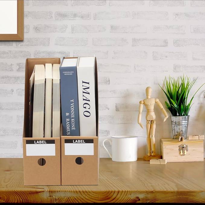 24 Pcs Cardboard Magazine File Holders Paper Magazine Book Bin Box | Bulk Kraft Paper Organizer Storage Folder with Label Sticker for School Classroom Office Library Home Supplies Desk Shelve