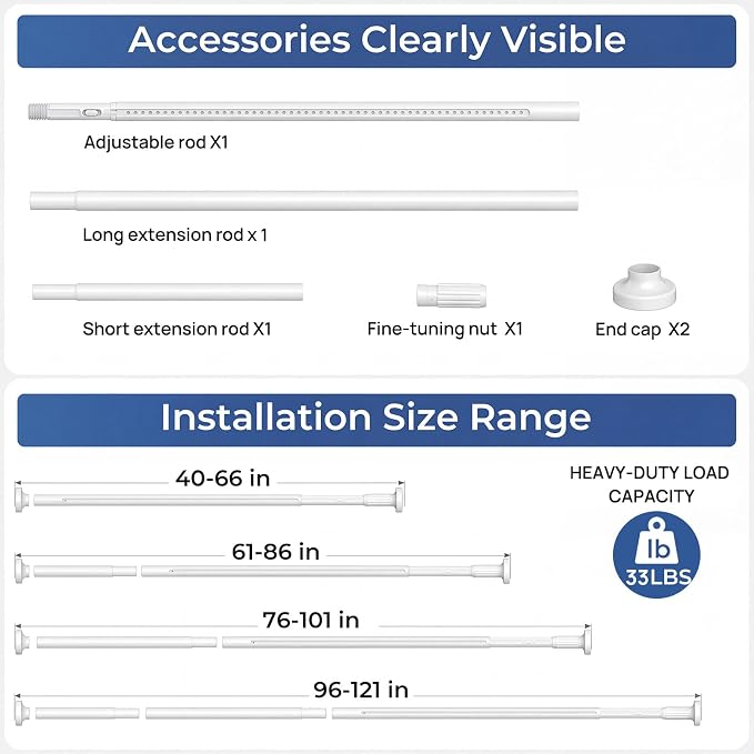 ALLZONE Adjustable Tension Curtain Rod, 40-121 inches, Heavy Duty Curtain Rods No Drilling, Anti-Slip Tension Rod for Window, Shower, Outdoor & Patio, Easy to Install, 1.26In Diameter, White