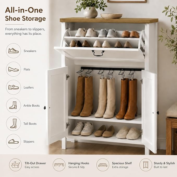 RASOO Shoe Cabinet for Entryway with Flip Drawer Boot Storage Adjustable Shelves, 6 Clips & 7 Rack