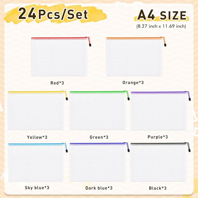 24pcs Mesh Zipper Pouch Bags, A4 Letter Size 8 Colors Plastic Zipper Bags for Organizing Storage, Clear Pouches with Zipper, Waterproof Mesh Bags for Office Supplies, Home Organize, Travel Storage
