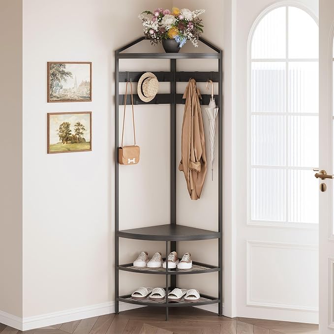 GiftGo Corner Hall Tree with Shoe Bench Entryway Coat Rack with 10 Metal Movable Hooks Freestanding Clothes Rack Shoes Shelf Organizer for Home Office Bedroom (Black)