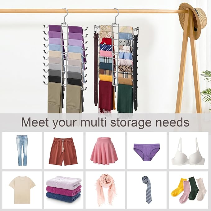 10 Tiers Scarf Organizer for Closet, 360° Swivel Scarf Hanger Hijab Holder Organizer Holds 30 Scarves Ties, Space Saving Hanger Closet Organizers and Storage for Shawl Belt Bra Tie Legging, Silver