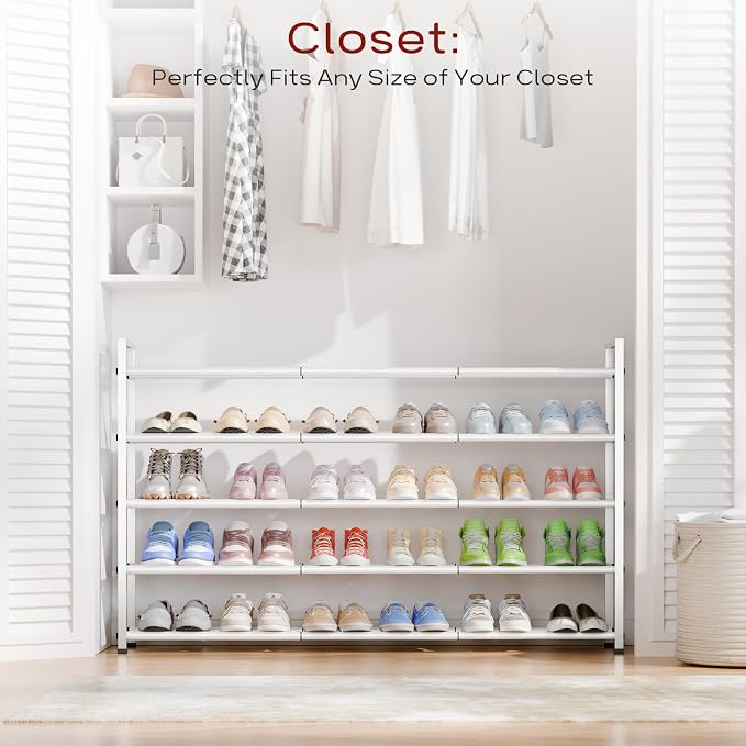 Bumusty 5-Tier Long Expandable Shoe Rack for Closet, 18"-44" Adjustable Shoe Rack for Entryway, 25-30 Pairs Large Shoe Organizer Shelf Storage, Sturdy Metal, White