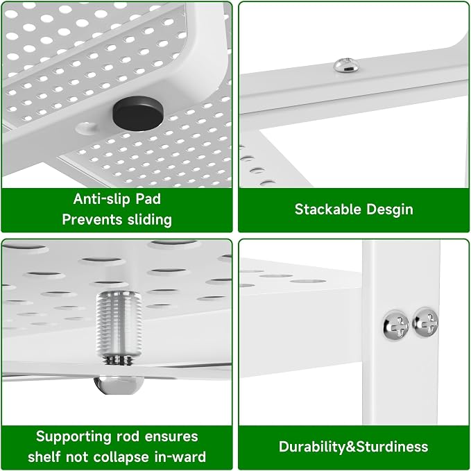 Expandable Kitchen Cabinet Shelf Organizer Rack Heavy Duty Metal Spice Rack Stackable Kitchen Counter Storage Shelf for Cabinet Pantry Bathroom (White- 16.5"-27" L x 8" W x 9.6" H - 2Pack)