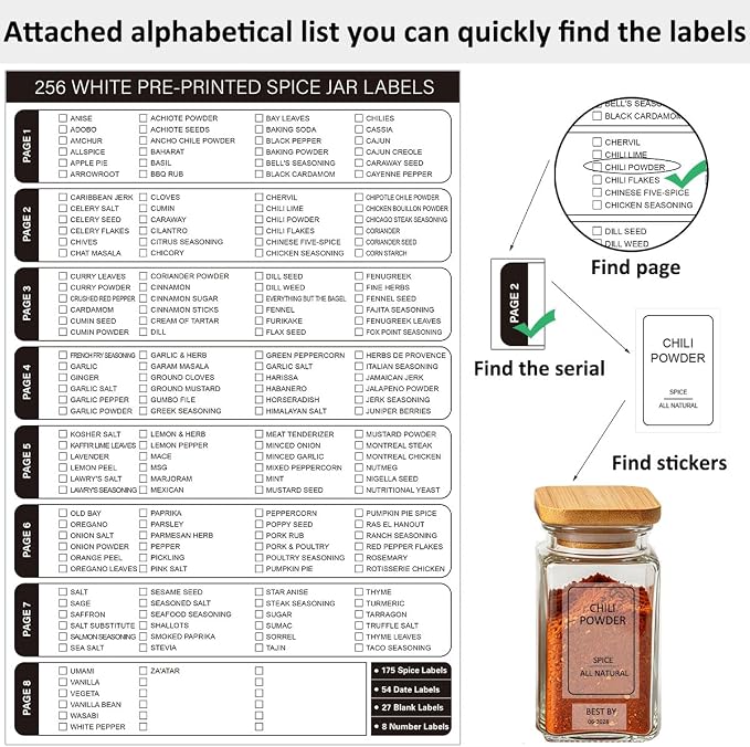 256 Spice Labels, Preprinted Minimalist Waterproof Stickers Removable Transparent Blank Label Expiration Date Labels Tear Resistant Sticker for Kitchen Jars Food Containers Spice Organizers Storage