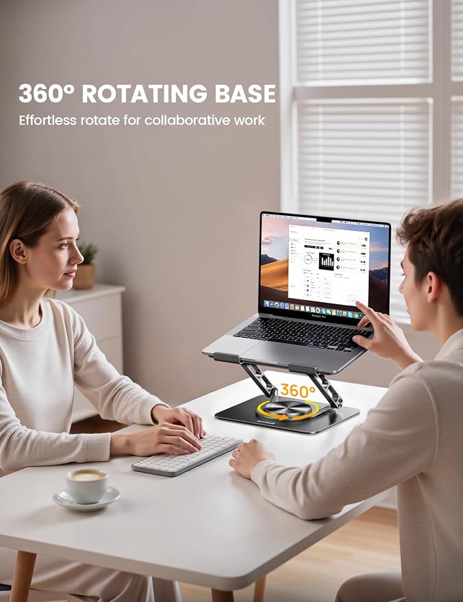 Lamicall Adjustable Laptop Stand for Desk - 360° Rotating Base Ergonomic Computer Stand, Aluminum Laptop Riser Foldable Portable for Office Home fits MacBook Neo Air Pro, Dell, HP (10-17.3'') - Black