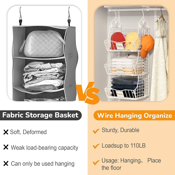 Hanging Closet Organizers and Storage, 3 Tier Closet Shelf Clothes Organizer with 2 S-Hooks, Multi-Functional Iron Wire Baskets, for Clothing, Sweaters, Handbags, Hat, Canned