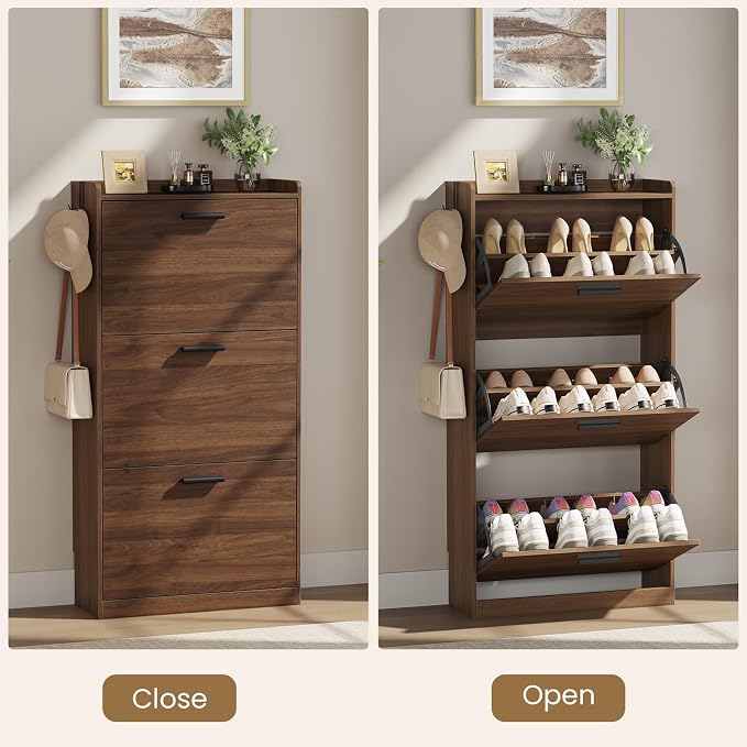 Shoe Cabinet Organizer with 3 Flip Drawers, Freestanding Shoe Storage Cabinet, Adjustable and Removable Dividers, 23.6"W x 8.7"D x 47.2"H Narrow Shoe Rack for Entryway, Foyer, Hallway, Walnut