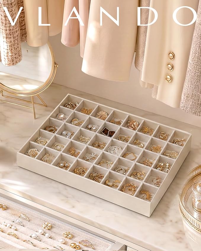 VLANDO Stackable Jewelry Tray, 40-Grid, Soft Velvet, Removable Dividers | Individual Compartments, Drawer Organizer, Easy Sorting for Studs, Charms, Pins, Gift for Women Girl