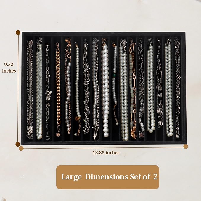 Large Stackable Jewelry Tray 4 Pack Velvet Jewelry Display Drawer Inserts Trays Organizer for Earring Bracelet Necklace Ring (Black, 17 Grids)