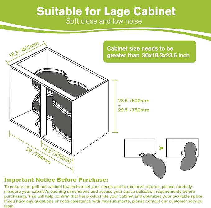 Blind Corner Cabinet Pull Out Organizer, Soft Close Swing Right Pull Out Cabinet Organizer 30inch, Corner Cabinet Lazy Susan for Blind Shelf, 2 Tiers Tray, Adjustable Height